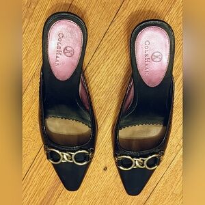 Cole Haan Annalise Silver Buckle Mules | Black Leather | Size 5/5.5B
